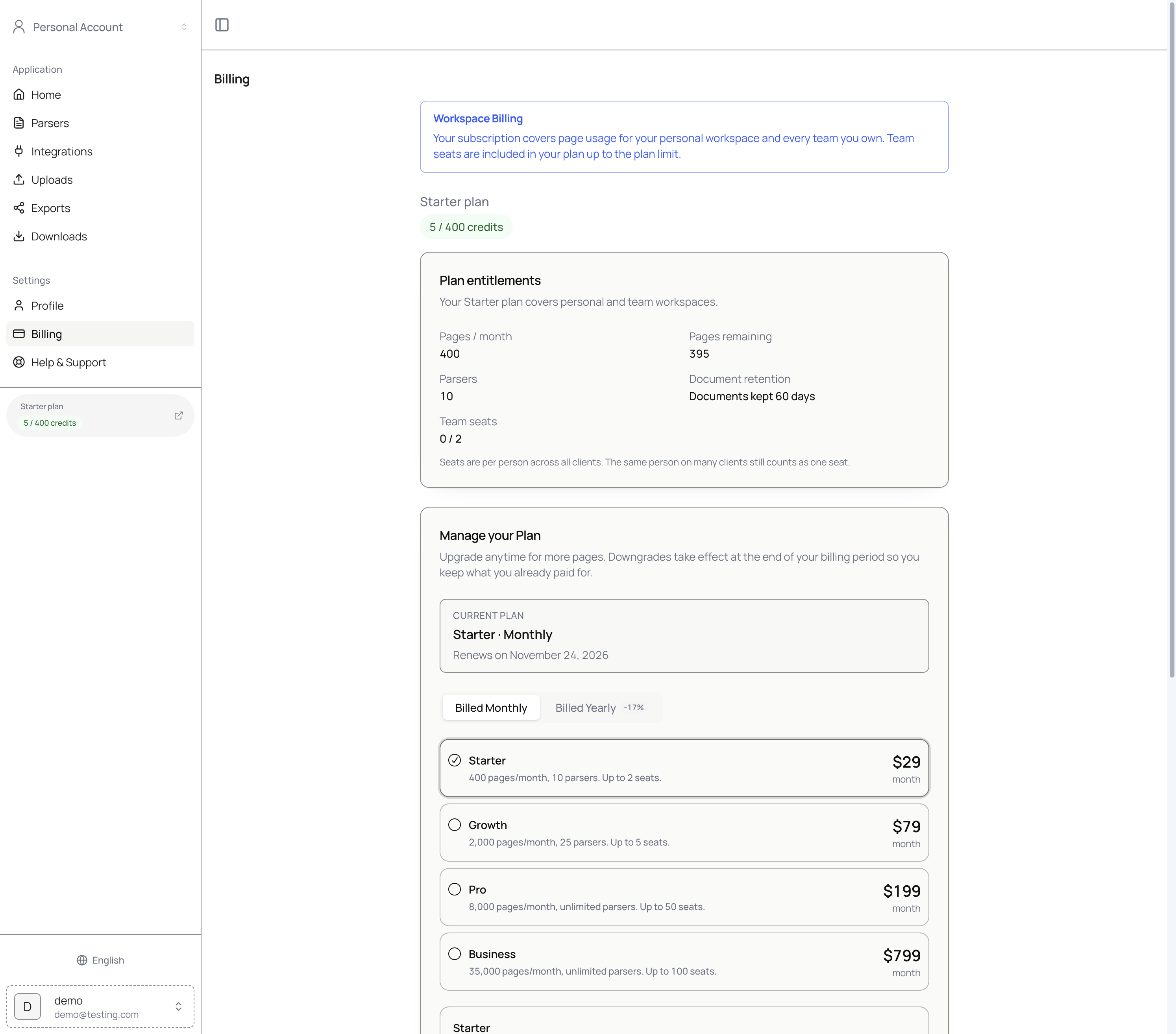 Billing page with plan entitlements and plan picker
